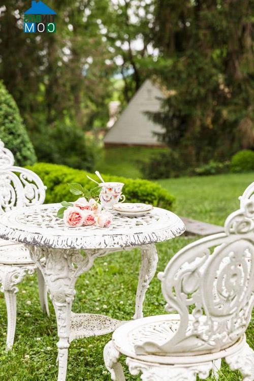 Bàn trà ngồi thưởng hoa và trà được đặt giữa khu vườn