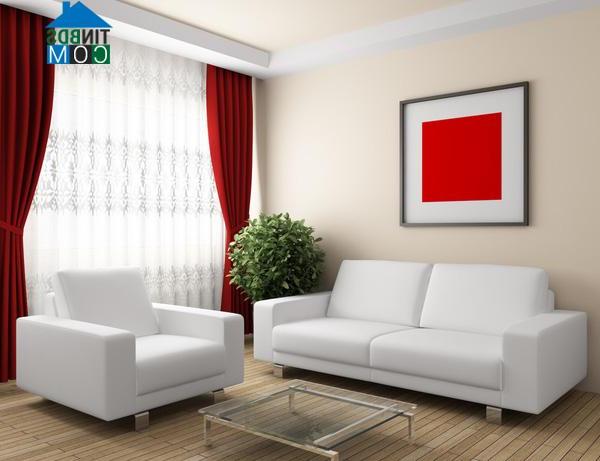 Bố trí nội thất phòng khách với tone màu trắng - đỏ chủ đạo phù hợp với phong thủy