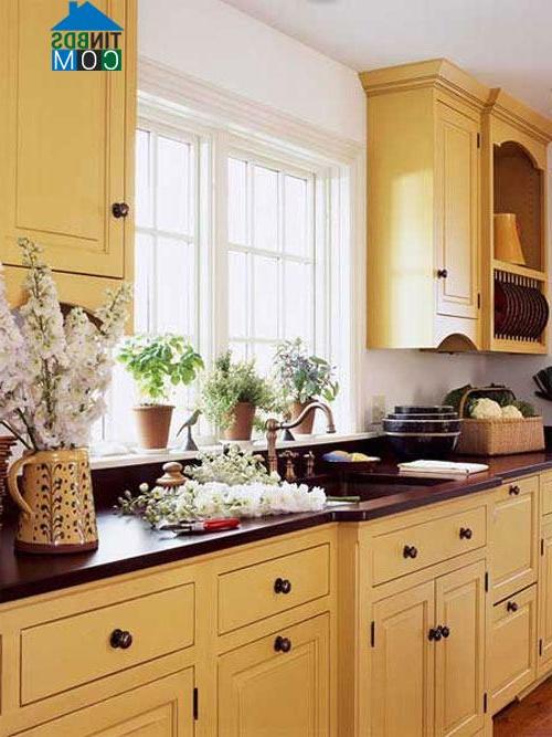 Tủ bếp màu vàng sẽ khiến phòng bếp bừng sáng