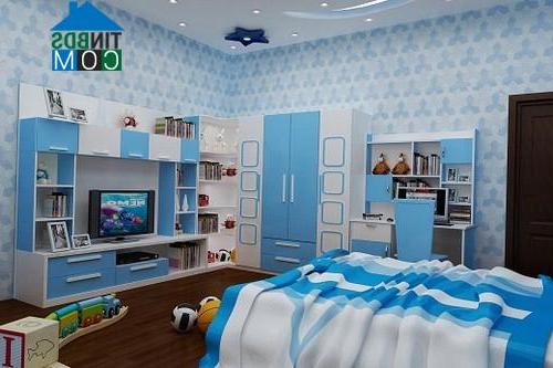 Phòng ngủ của cậu con trai bé sử dụng màu sắc trung tính xanh.