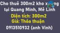 Cho thuê 300m2 kho xưởng tại Quang Minh, Mê Linh; 0913510932