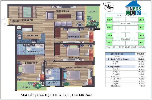  Mặt bằng thiết kế căn hộ CH1 A, B, C, D, đây là căn góc, rộng 148m2 với 4 phòng ngủ, 2 lô gia lớn