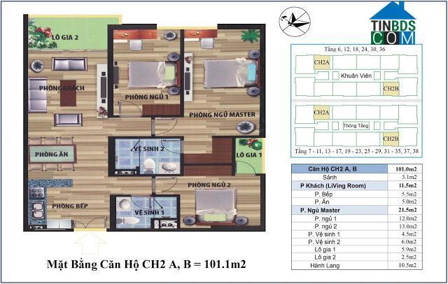 Mặt bằng thiết kế căn hộ CH2 A, B, rộng 101 m2 với 3 phòng ngủ, 2 lô gia