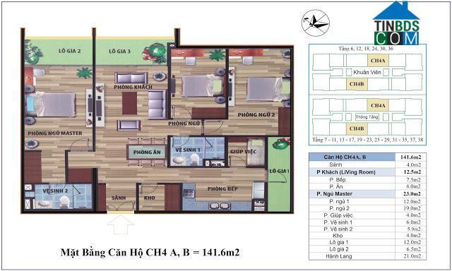 Mặt bằng thiết kế căn hộ CH4 A, B, rộng 141m2 với 3 phòng ngủ, 3 lô gia lớn