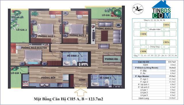 Mặt bằng thiết kế căn hộ CH5 A, B, rộng 123m2 với 3 phòng ngủ, 3 lô gia lớn