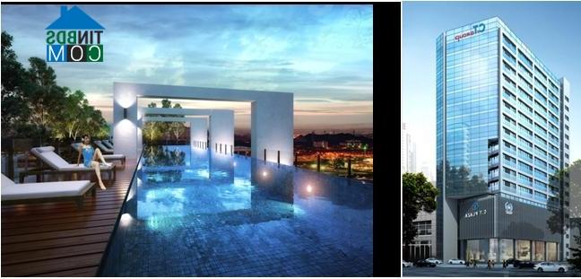 Phối cảnh căn hộ (trái) và khu hồ bơi tràn trên tầng thượng phản chiếu mây trời xanh ngắt (phải)