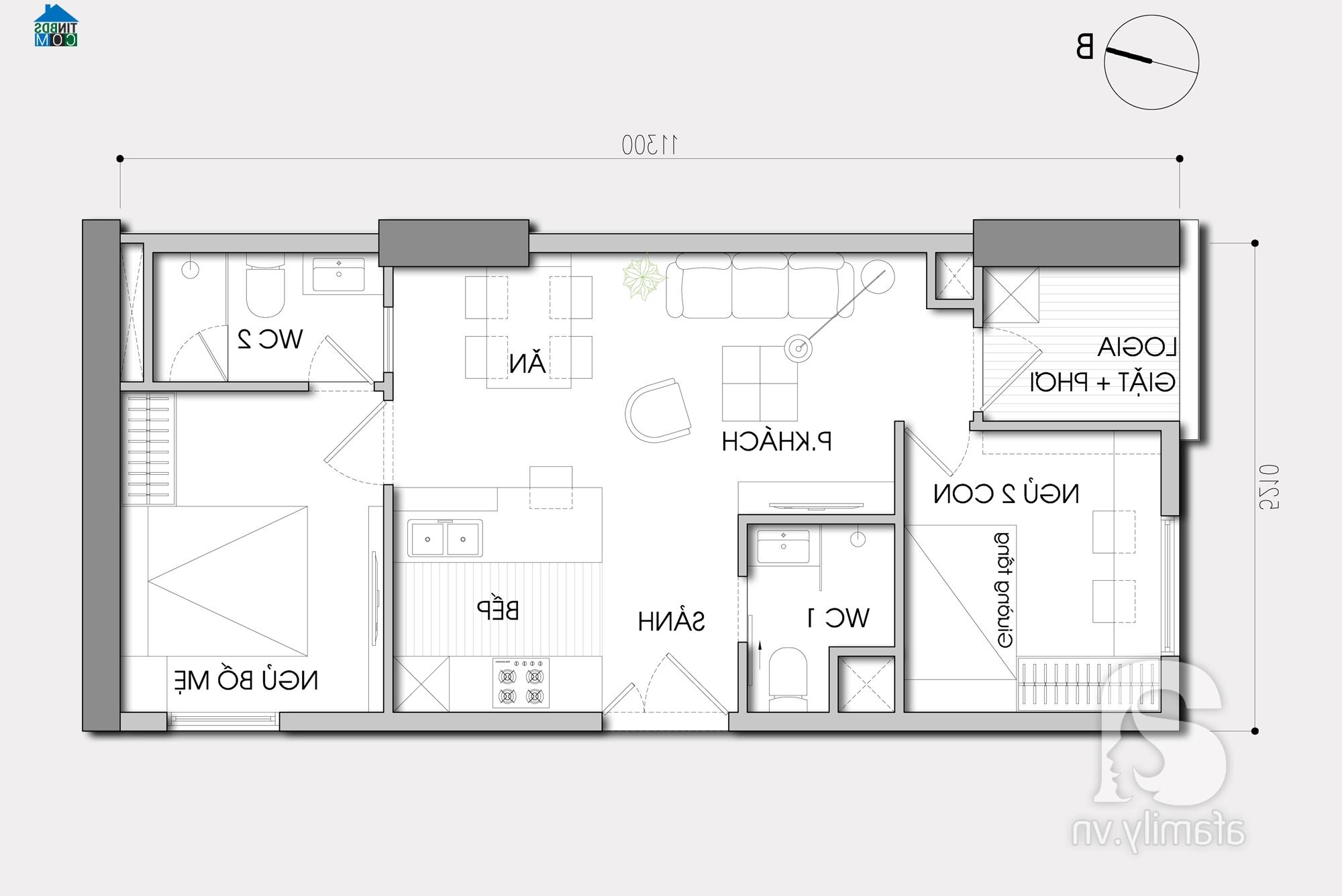 Ảnh Tư vấn bài trí căn hộ chung cư 2 phòng ngủ, DT 59,88m2