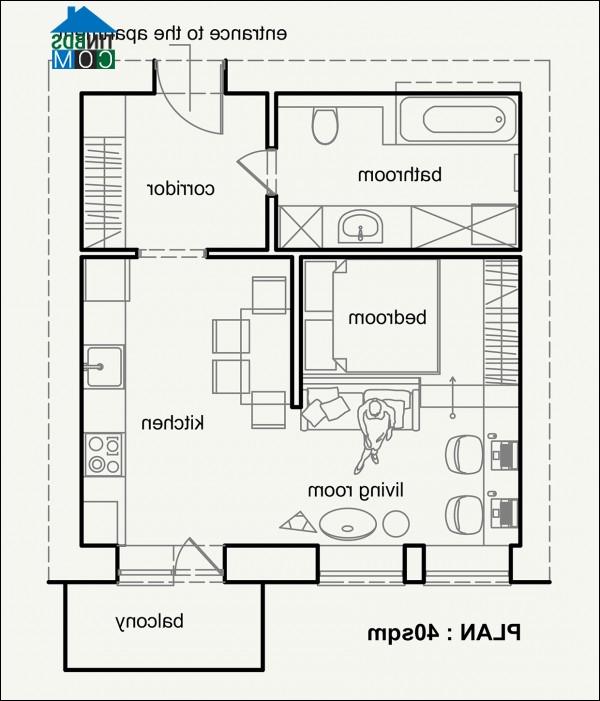 Sơ đồ mặt bằng bố trí nội thất căn hộ nhỏ, DT 40m2