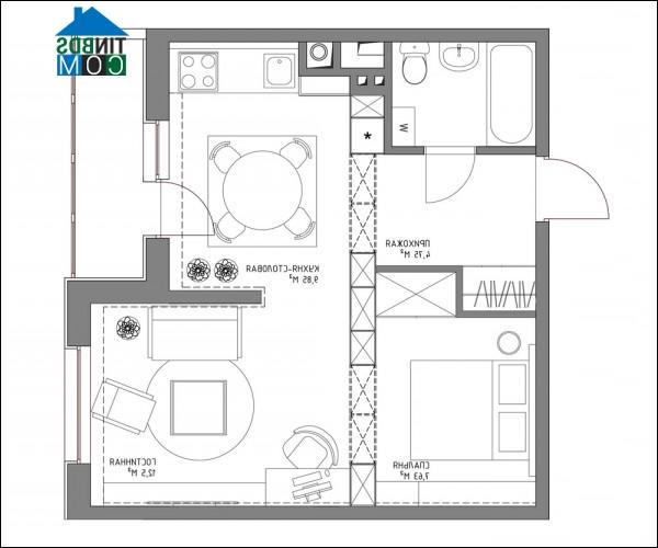 Sơ đồ mặt bằng bố trí nội thất của căn hộ 43.5m2