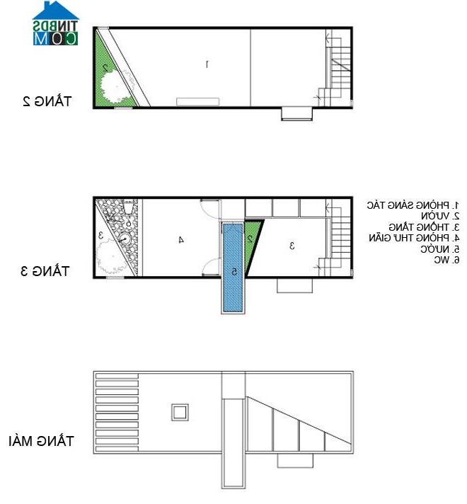 Mặt bằng các tầng 2,3 và mái của ngôi nhà 36m2