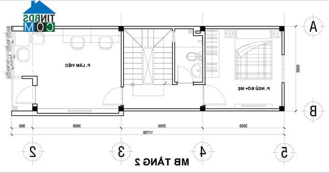 Tầng 2 bố trí phòng ngủ, phòng làm việc