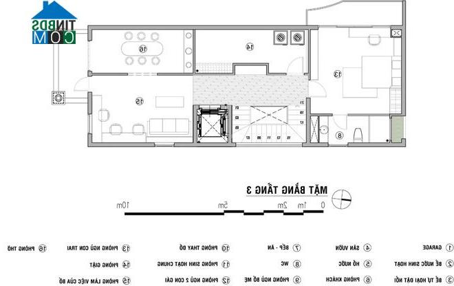 Tầng 3 gồm các không gian: phòng ngủ của con trai lớn, phòng làm việc và khu giặt phơi, phòng thờ