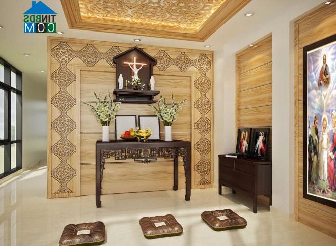 Phòng thờ sử dụng chất liệu gỗ mang đến vẻ trang nghiêm