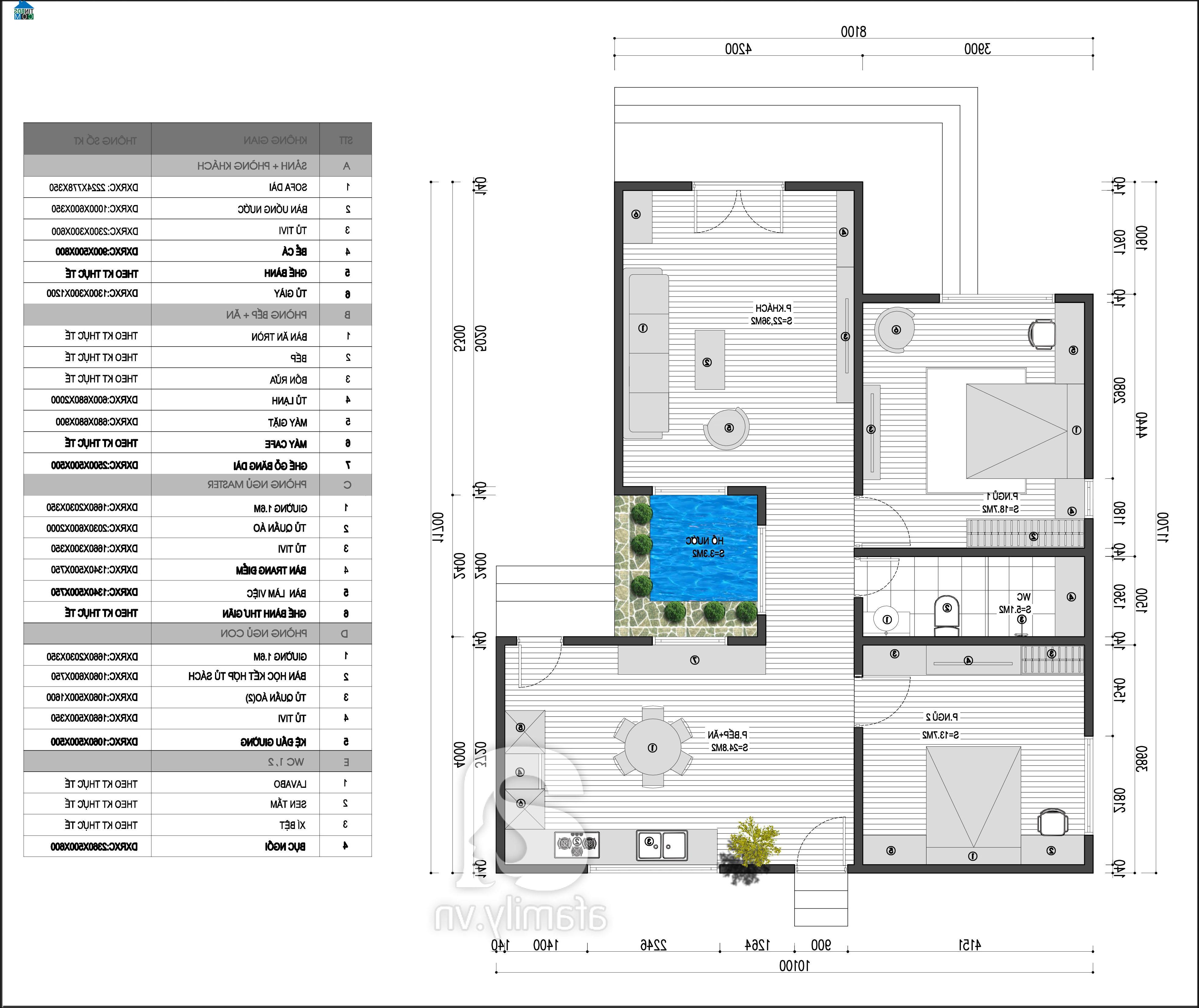 Mặt bằng tư vấn bố trí nội thất nhà cấp 4 cho chủ nhà mệnh Kim