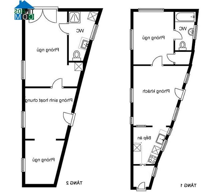 Sơ đồ bố trí mặt bằng tầng 1 và tầng 2 của ngôi nhà hình tam giác