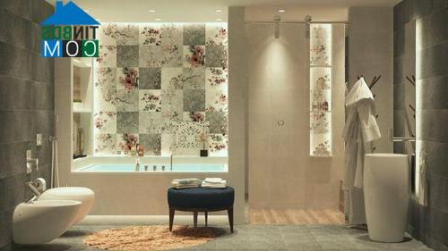 Gạch lát họa tiết hoa hồng tô điểm thêm nét đẹp cho phòng tắm phong cách Á Đông