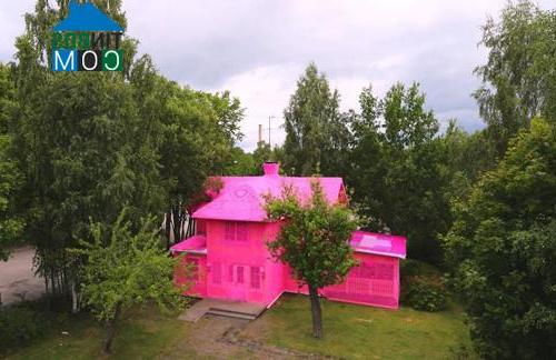 Ngôi nhà phủ len màu hồng nổi bật nằm dưới tán cây xanh mướt
