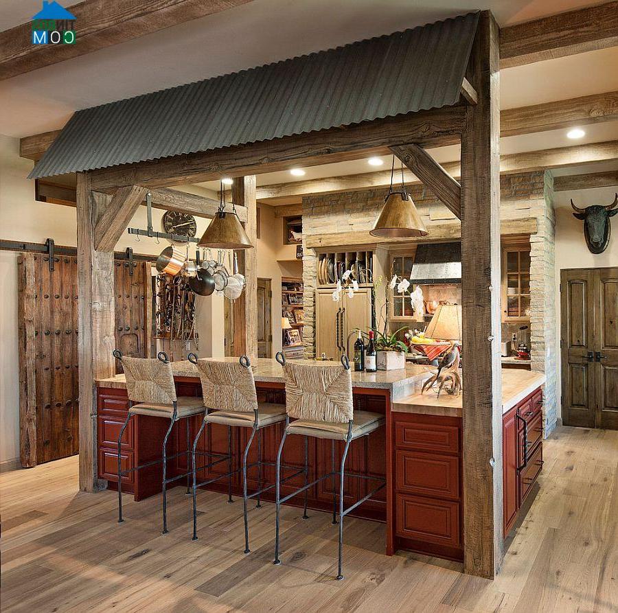 Cánh cửa trượt bằng gỗ cho phòng bếp theo phong cách rustic