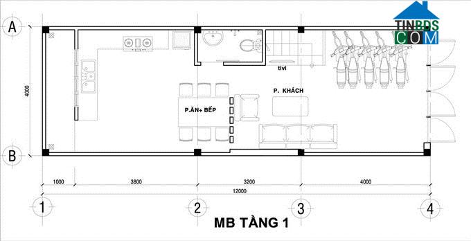 Mặt bằng tầng 1 thiết kế nhà 4 tầng trên đất 48m2