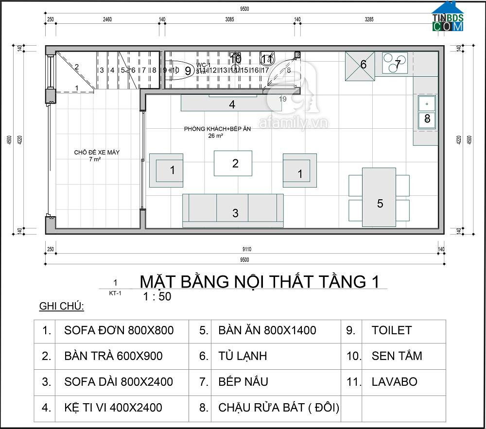 Mặt bằng thiết kế và bố trí nội thất tầng 1