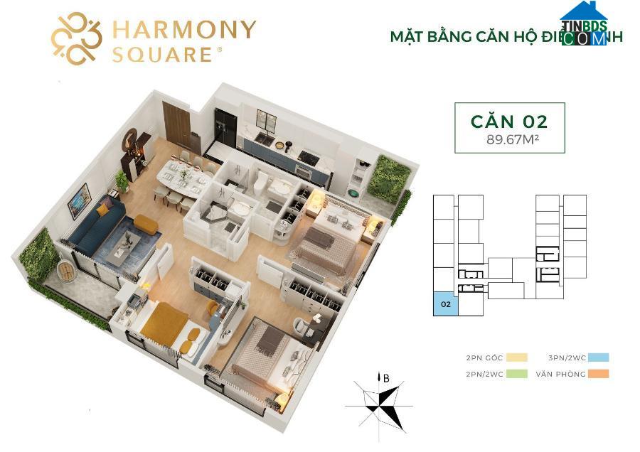 Căn hộ 3 phòng ngủ được thiết kế hiện đại, vuông vắn, đảm bảo không gian sinh hoạt lý tưởng cho gia đình đa thế hệ