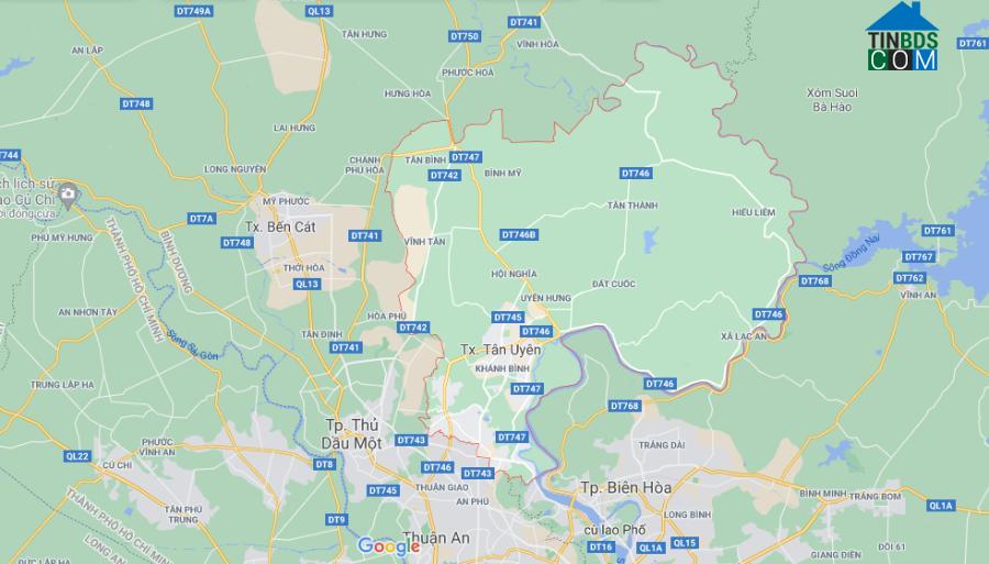 Vị trí địa lý thị xã Tân Uyên, tỉnh Bình Dương. Ảnh chụp Google Maps.