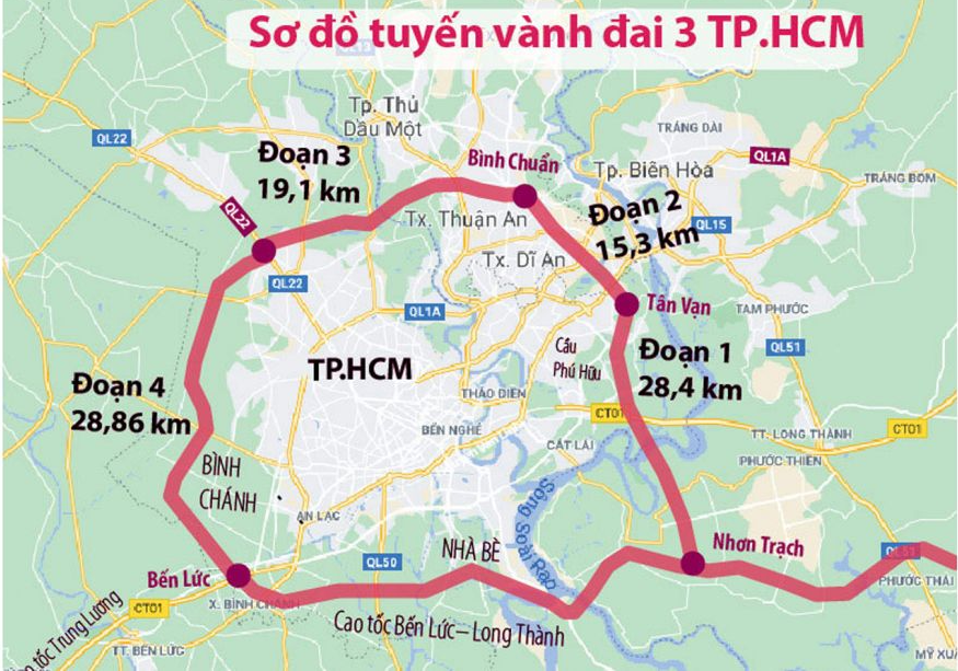 Tuyến đường Vành đai 3 TP.HCM gồm 4 đoạn lớn hiện đang triển khai một số dự án thành phần