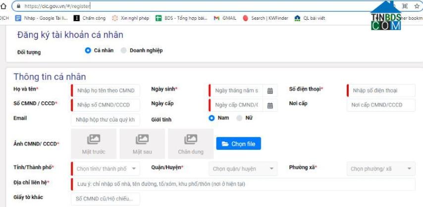 Màn hình trang đăng ký tài khoản trên website cic.org.vn.