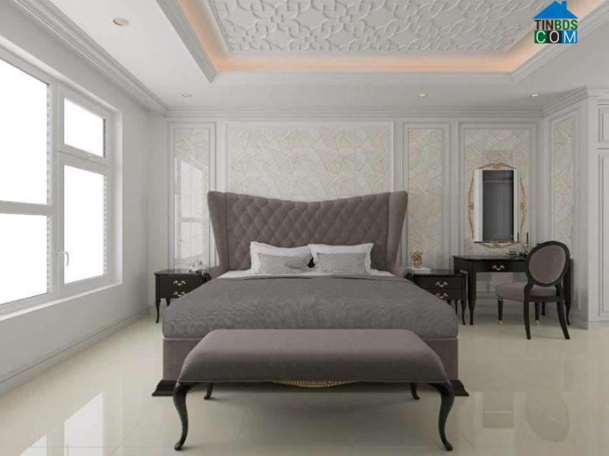 Không gian phòng ngủ hiện đại nhưng không kém phần ấm cúng với dòng gạch vân đá ốp tường 3060 DELUXE