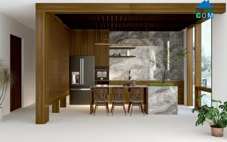 Không gian phòng bếp sang trọng, hiện đại với BST gạch vân đá ốp tường 3060 DELUXE