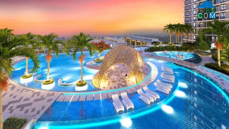 Hồ bơi vô cực rực rỡ ánh sáng về đêm.