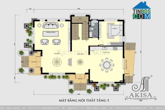 Mặt bằng công năng tầng 1 của biệt thự tân cổ điển mái Thái