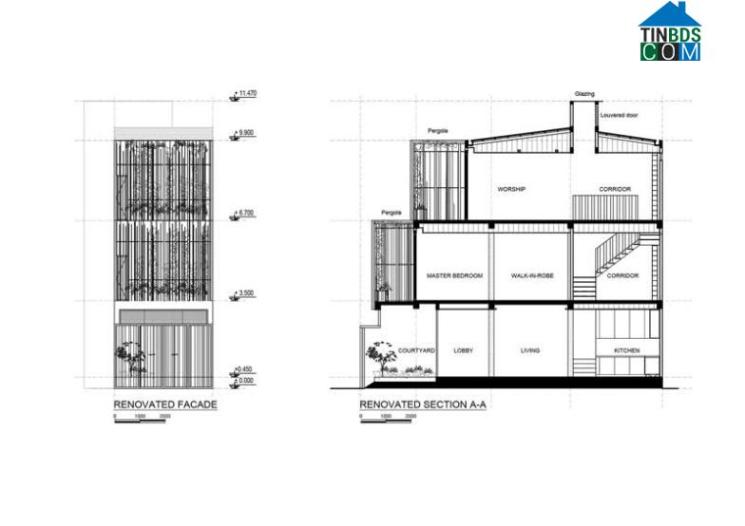 Mặt đứng và mặt cắt dọc.