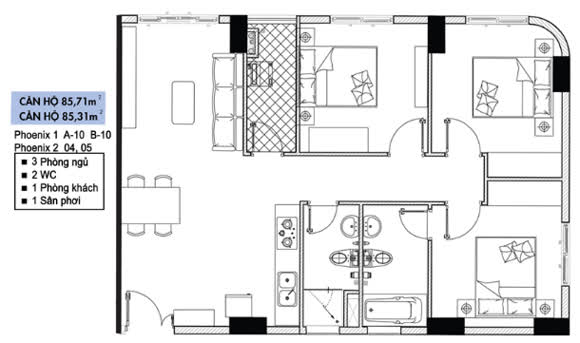 Mặt bằng căn hộ 03 PN diện tích 85m2 tòa Phoenix 1 và Phoenix 2
