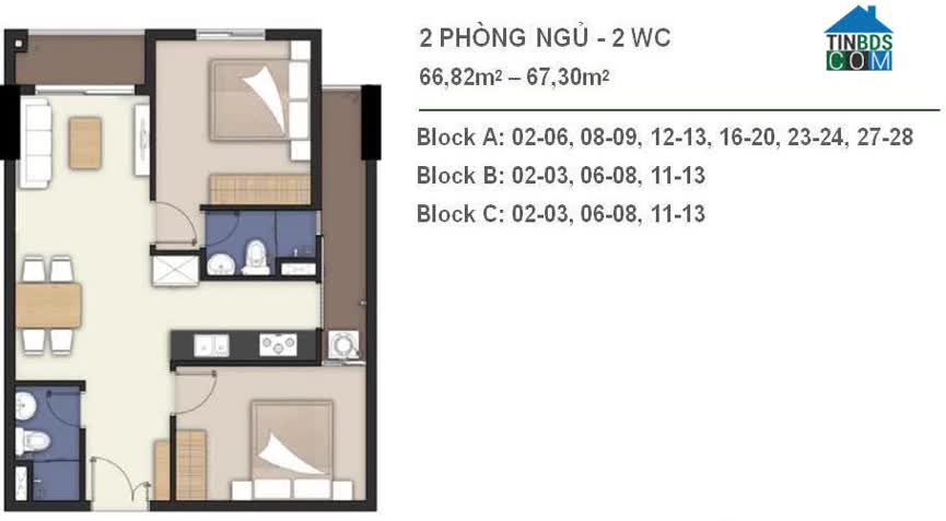 Mặt bằng Lavita Charm căn hộ 2 phòng ngủ.