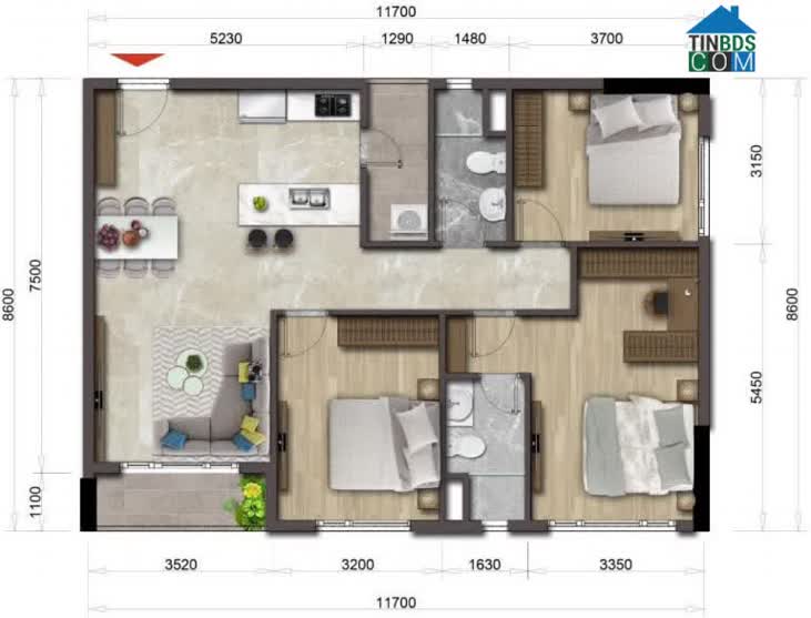 Mặt bằng căn hộ Mizuki Park diện tích 98,4m2,3PN, 2 WC