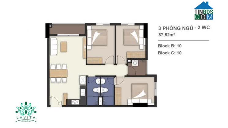 Mặt bằng Lavita Charm căn hộ 3 phòng ngủ 87,52m2.