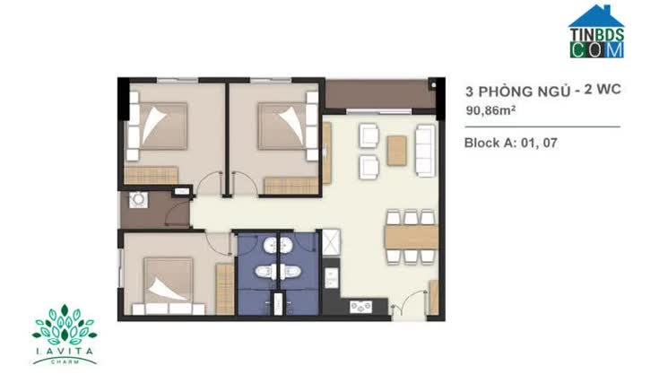 Mặt bằng Lavita Charm căn hộ 3 phòng ngủ 90,86m2.