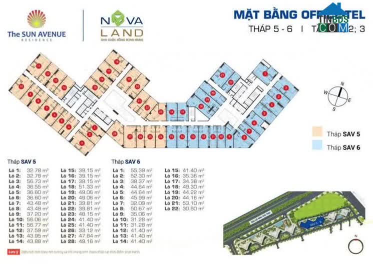 Bản vẽ mặt bằng The Sun Avenue tháp 5, tầng 1,2,3 là các căn hộ officetel
