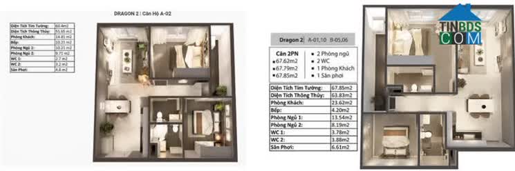 Mặt bằng căn hộ 02 PN diện tích 67m2 tòa Dragon 2