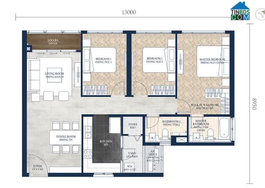 Căn 3 phòng ngủ diện tích 106m2 tòa Berdaz