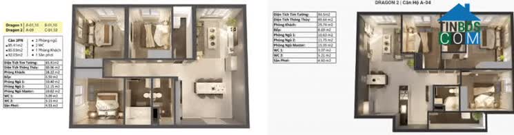 Mặt bằng căn hộ 03 PN diện tích 85m2 - 92m2 tòa Dragon 1 và Dragon 2