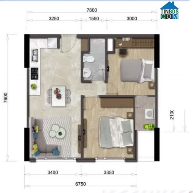 Mặt bằng căn hộ Mizuki Park diện tích 56m2,2PN, 1 WC