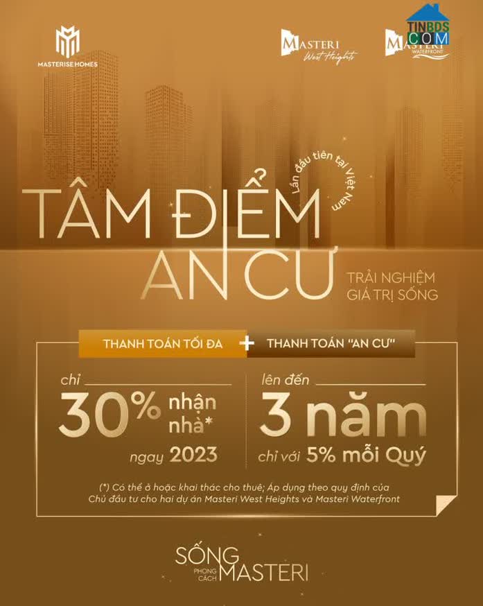 Theo chương trình "Tâm điểm an cư – Trải nghiệm giá trị sống" của Masterise Homes, khách hàng chỉ cần thanh toán tối đa 30% giá trị căn hộ sẽ được nhận ngay căn hộ để ở hoặc khai thác cho thuê trong năm 2023. Đồng thời, được hưởng gói chính sách "Thanh toán an cư" chỉ với 5%/Quý trong vòng 3 năm.