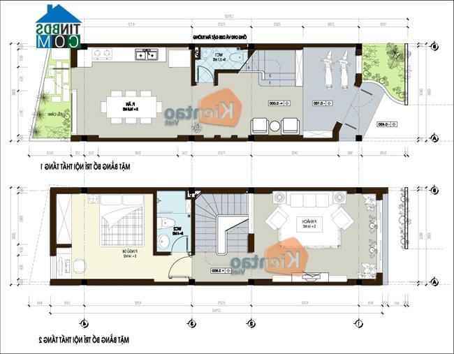 Mặt bằng tầng 1,2 nhà lô phố 5 tầng trên đất 61m2