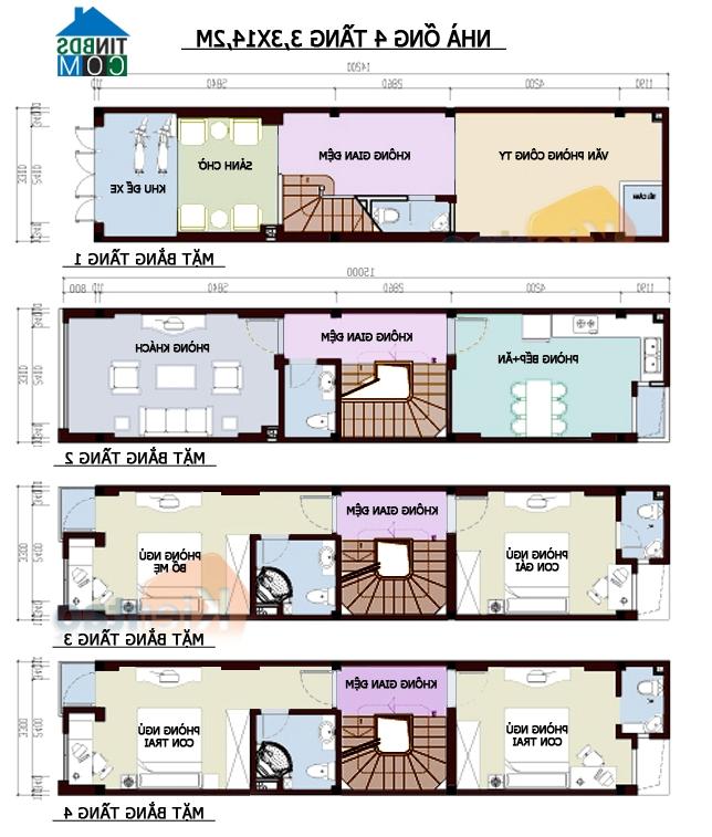 Mặt bằng kiến trúc nhà ống 4 tầng 3,3×14,2m