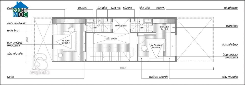 Mặt bằng thiết kế tầng 2 của nhà ống 3 tầng