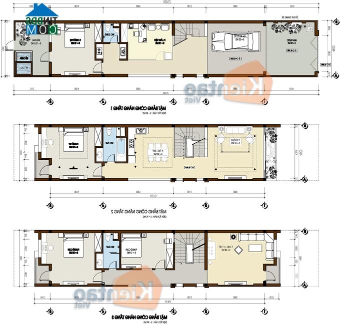 Tầng 1,2,3 thiết kế nhà ống hiện đại 3 tầng