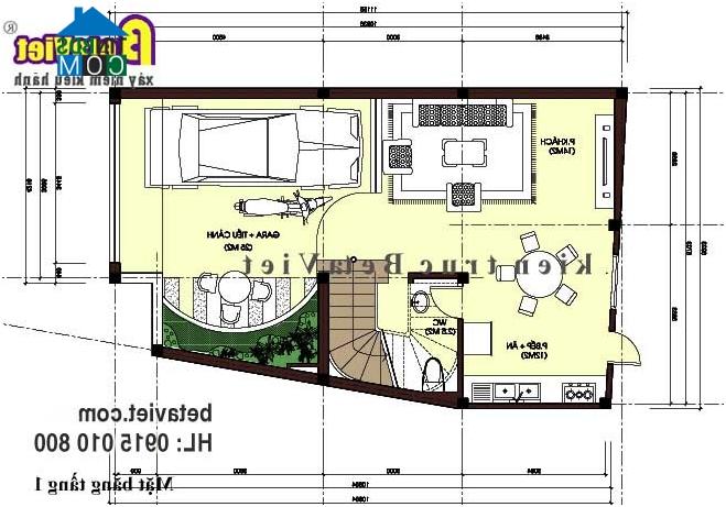 Mặt bằng tầng 1 nhà 4 tầng trên đất 6x12m