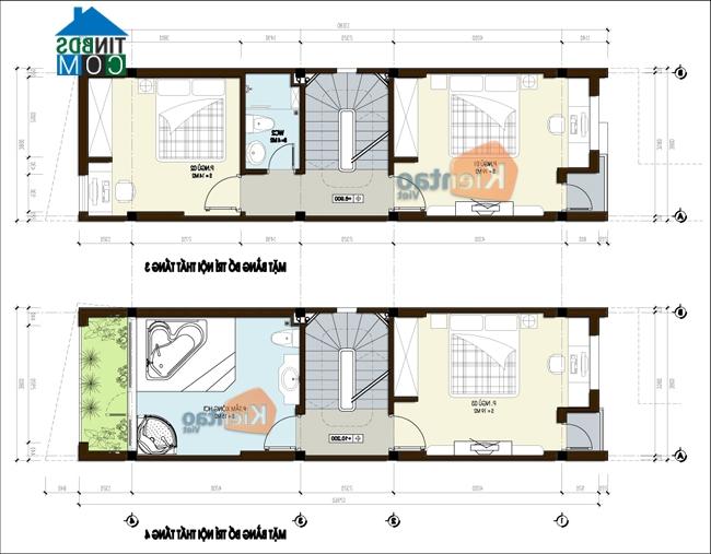 Mặt bằng tầng 3,4 nhà lô phố 5 tầng trên đất 61m2